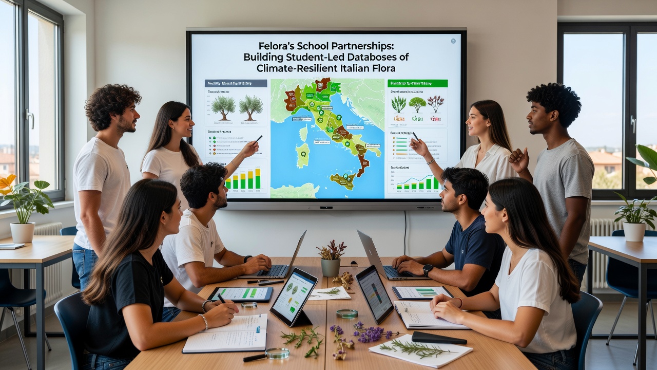 Close-up of digital interface displaying student-uploaded records of climate-resilient Italian plant species